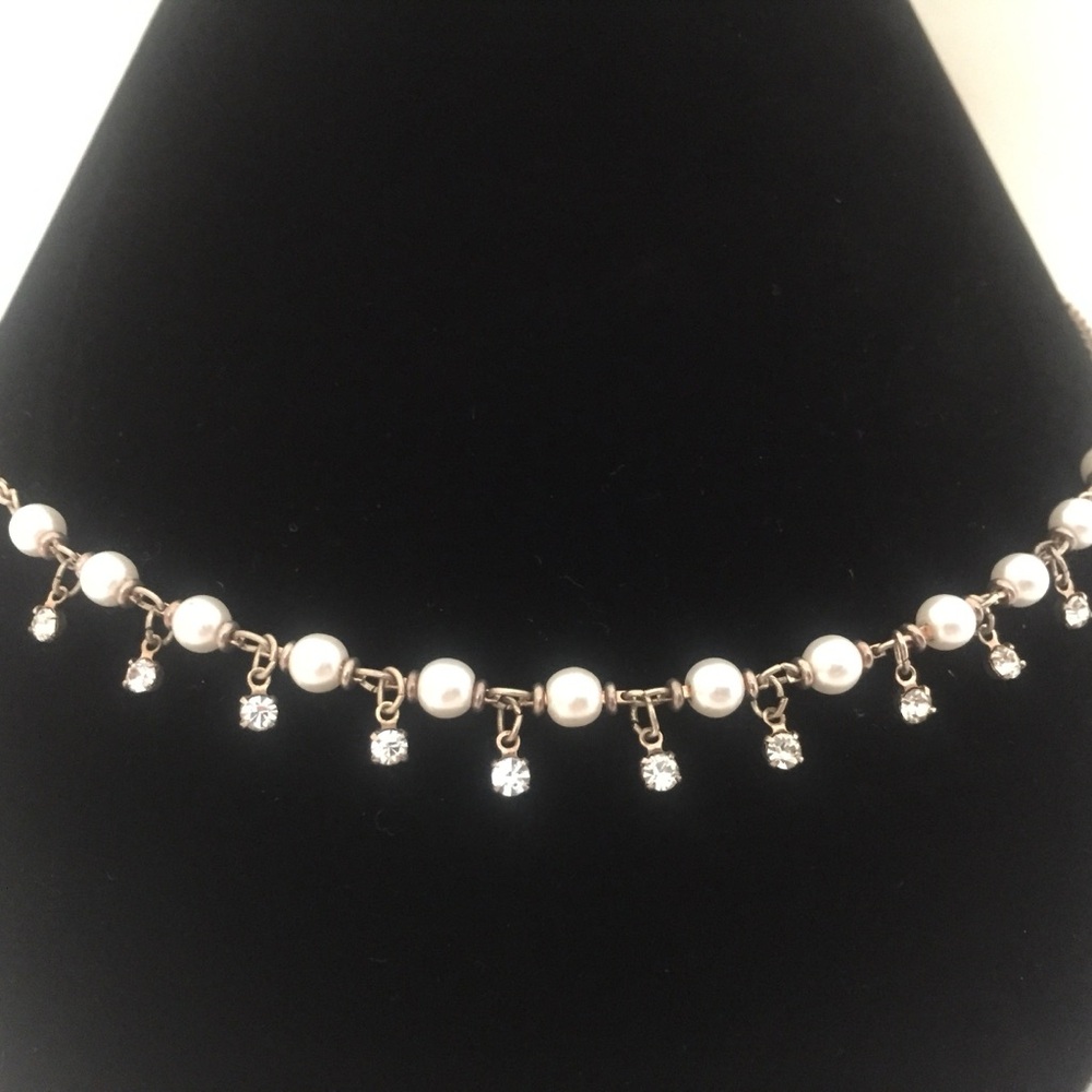 Dainty Pearl Clear Rhinestone Jr Choker Necklace 18” Silver Link w/Barrel Clasp